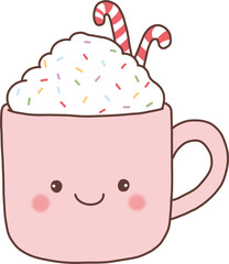 Hand-drawn a cute pink mug filled with whipped cream, topped with colorful sprinkles and two candy canes.