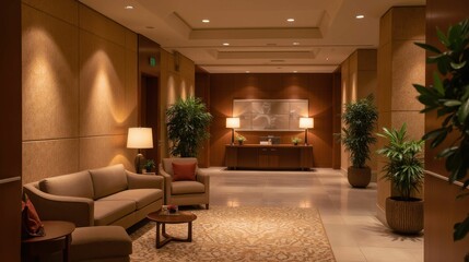 Fototapeta premium Elegant Hotel Lobby with Modern Furniture and Soft Lighting