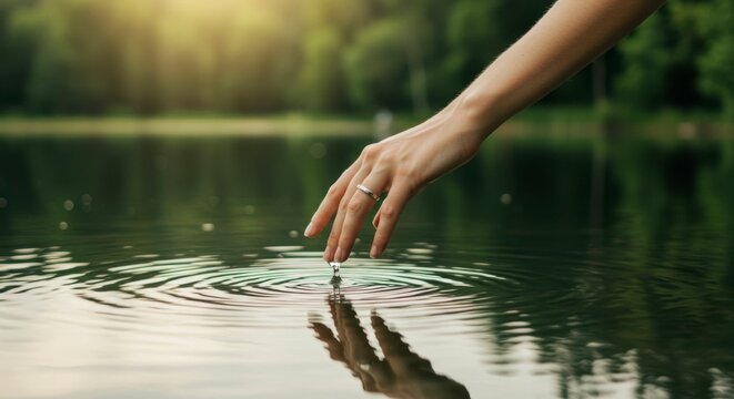 Serene hand reaching into calm lake water, creating ripples amidst lush greenery and soft sunlight