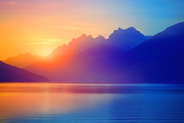 Vibrant sunset over tranquil lake and majestic mountains