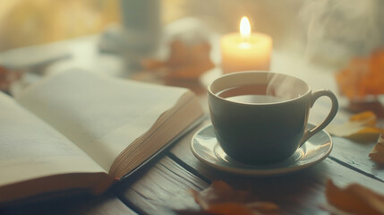 A cozy tea moment with a steaming cup, an open book, and candlelight on a rustic wooden table, evoking warmth, comfort, and relaxation in soft autumn tones.