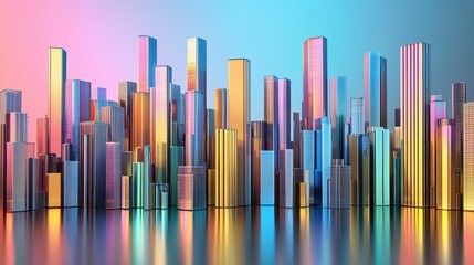 Obraz premium Abstract city skyline shimmering with iridescent reflections and soft light