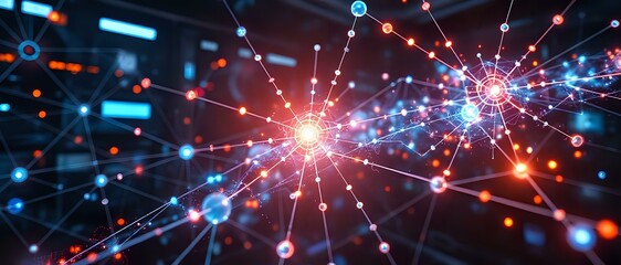 Obraz premium Stunning Night Sky with Glowing Red, Orange, and Blue Stars, 21:9 Aspect Ratio | Abstract Futuristic Landscape Art