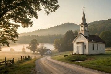 Fototapeta premium A serene morning scene featuring a quaint church beside a winding road, surrounded by lush hills and a misty landscape.
