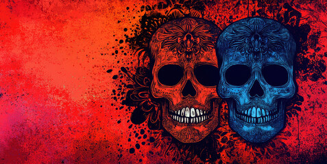 Vibrant day of the dead skulls illustration on a textured red background