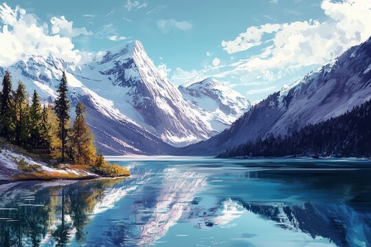 Tranquil Mountain Lake with Snow-Capped Peaks and Clear Water . A serene mountain lake reflecting snow-capped peaks under a clear sky, showcasing nature's tranquil beauty.
