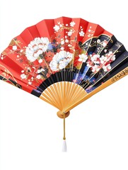 A red and black fan with flowers on it