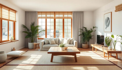 Fototapeta premium Modern Japan Living Room with Tatami and Scandinavian Furniture
