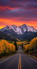 Fototapeta premium Autumn Road to the Rockies: Scenic Colorado Drive at Sunset - Mountain Views, Fall Colors & Golden Aspens!
