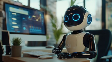 Daily AI robot assistantant working in the office for future labor concept.