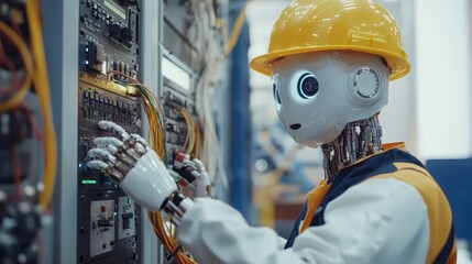 Factory environment,hi tech robot works alongside a human engineer, checking and verifying wiring connections in a control panel.