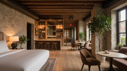 Fototapeta premium Modern Cozy Interior Design of a Hotel Room with Natural Light