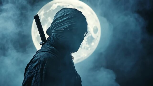 Mysterious ninja warrior standing under full moon, foggy night atmosphere, stealth and martial arts concept.	
