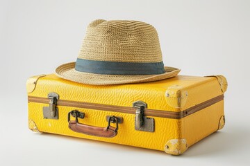 A straw fedora sits atop a vintage yellow suitcase, evoking a sense of travel and adventure.