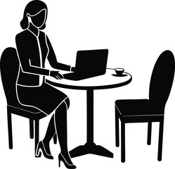 Woman working Office Desk With Laptop silhouette vector illustration, Young Woman working Office Desk With Laptop vector art, Woman working Office Desk With Laptop line art vector