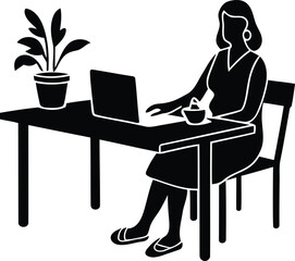 Woman working Office Desk With Laptop silhouette vector illustration, Young Woman working Office Desk With Laptop vector art, Woman working Office Desk With Laptop line art vector
