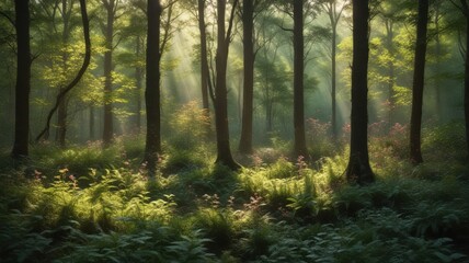 Sunbeams Illuminate a Mystical Forest Floor, Bathed in Morning Mist and Lush Greenery, with Delicate Blossoms Dotting the Undergrowth