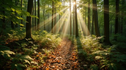 Fototapeta premium Serene Forest Path with Sunlight Streaming Through Trees