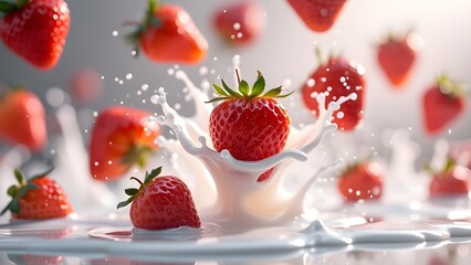 Fresh Strawberries Splashing Into Milk With Vibrant Colors and Dynamic Movement