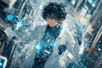 An anime style scientist surrounded by futuristic technological elements