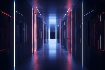A futuristic corridor illuminated by red and blue lights, with sleek walls and a dark endpoint creating a mysterious atmosphere. Concept Futuristic Corridor, Red and Blue Lighting, Sleek Design