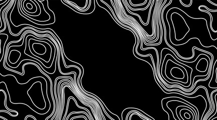 Abstract topographic contour map concept, cartography geographic terrain pattern design, topo wavy black and white mountain surface, liquid line art background