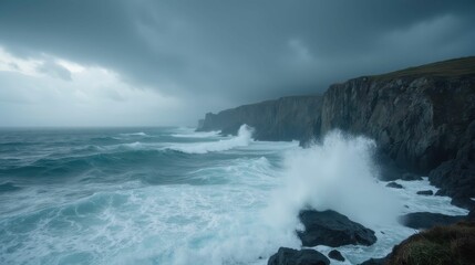 Fototapeta premium Dramatic Ocean Waves Crash Against Rugged Cliffs Under Stormy Sky