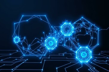 Obraz premium Abstract Futuristic Interconnected Geometric Design with Blue Hexagons and White Circles