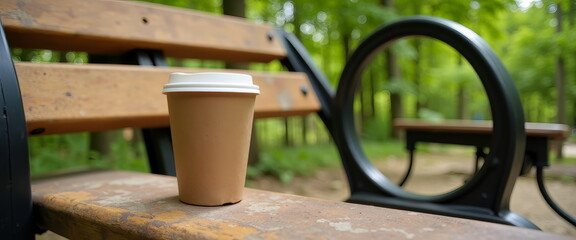 Disposable coffee cup on park bench for environmental blogs, sustainability campaigns, outdoor lifestyle content, and eco-friendly product marketing