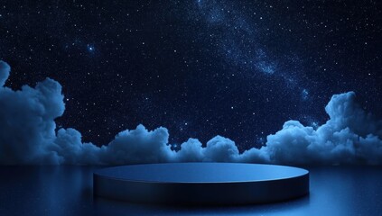 Celestial Podium: A dark, circular podium sits serenely atop a cloud bank, under a breathtaking night sky filled with stars and a mesmerizing galaxy.