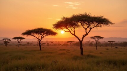 Obraz premium Serene Sunset Over African Savanna with Silhouetted Acacia Trees