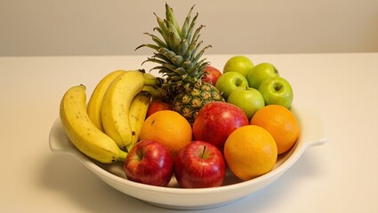 Fresh fruit bowl on table with bananas red apples oranges pineapple and green apples