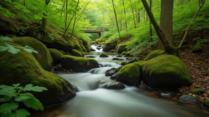 Serene Forest Stream Flowing Among Lush Green Foliage and Rocks