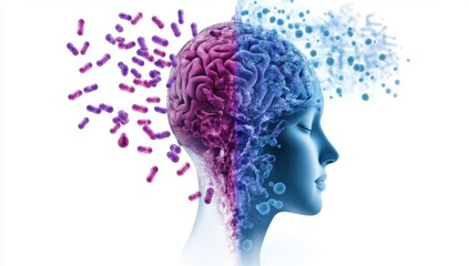 Mind and Microbiome: A conceptual illustration depicts a human head with a brain divided, symbolizing the complex interplay between the mind and the gut microbiome.