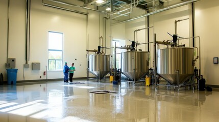 Modern brewing facility showcasing large fermentation tanks and two workers discussing processes