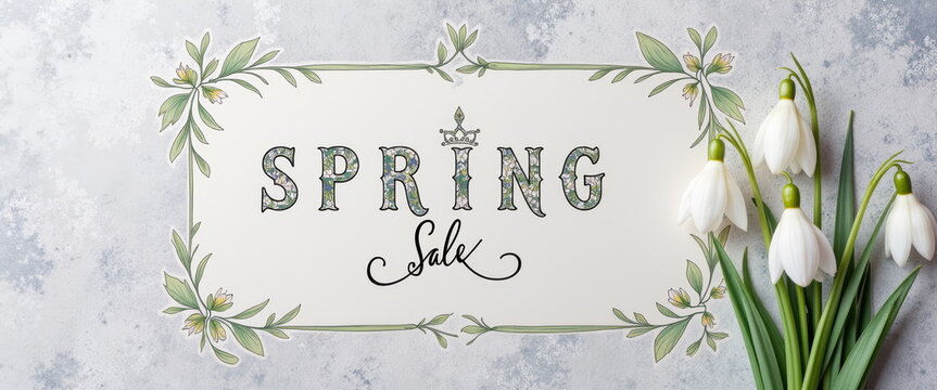 Spring sale banner with snowdrops for seasonal marketing campaigns, e-commerce websites, social media posts, email newsletters, and retail promotional materials
