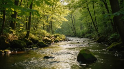 Obraz premium Tranquil Stream Flowing Through Lush Green Forest Landscape