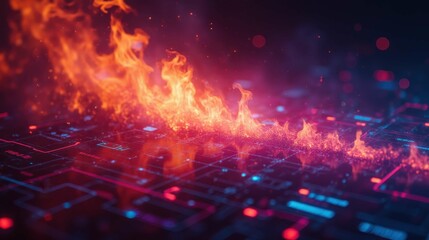 Fototapeta premium Abstract Fire Animation with Digital Circuit Background and Glow