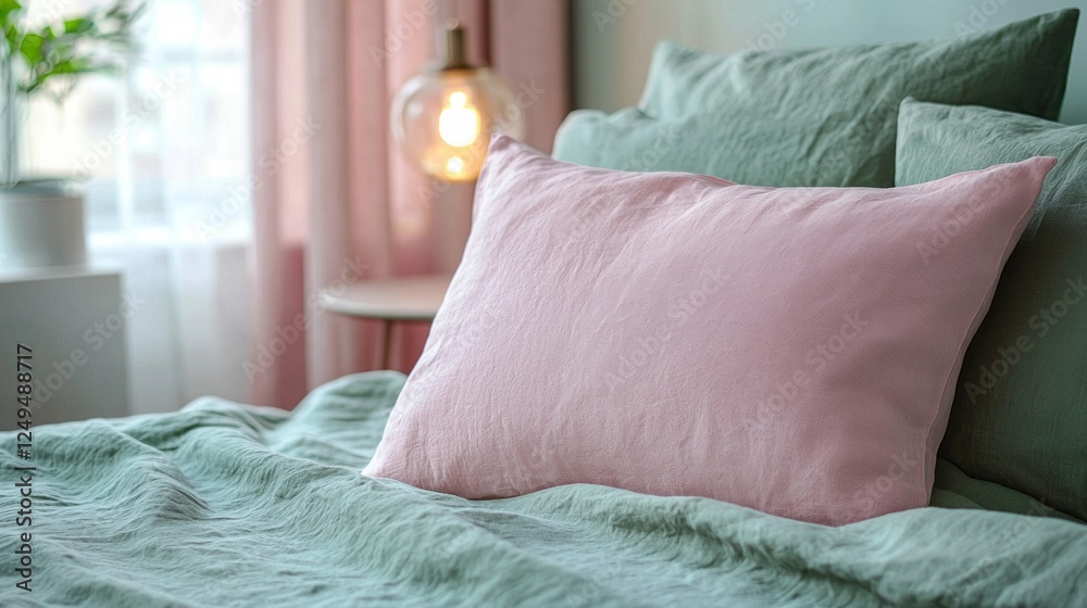 Aufkleber a tranquil bed displays smooth textures of a pink pillowcase and a green comforter, bathed in soft l