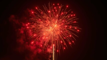 Vibrant Red Firework Display Against Dark Night Sky Over Celebration