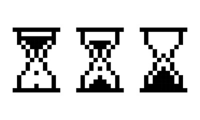 Pixel black hourglass icon. Retro timer with sand animation for time and countdown to measure minutes and seconds interface
