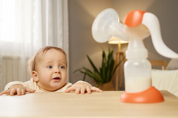 A young baby leans forward over a wooden table, eyes wide with curiosity as they gaze at a breast pump nearby. The soft, warm lighting of the room creates a comforting atmosphere