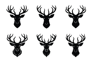 Majestic Deer Head Silhouette Vector Set – Elegant Stag Illustrations with Antlers for Logos, Tattoos, Stickers, T-Shirts, Hunting Designs, Wildlife Art, Sublimation, and Graphic Design Projects