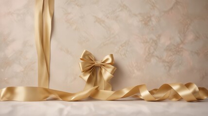 Elegant Golden Satin Ribbon and Bow on Textured Background, Perfect for Luxury Branding or Festive Designs