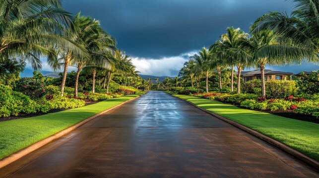 Palm-lined avenue shimmering under streetlights on wet asphalt