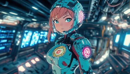Obraz premium Anime style female astronaut in a futuristic spaceship interior