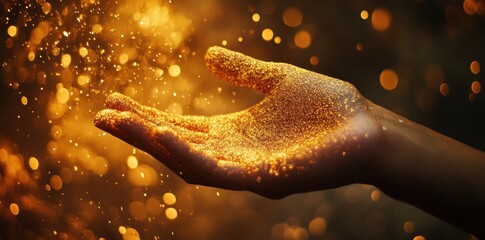 Fototapeta premium Human hand covered in golden glitter with bokeh background
