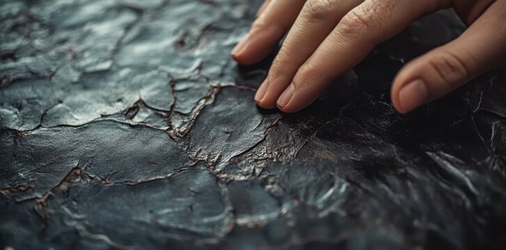 Hand gently touching a textured black leather surface