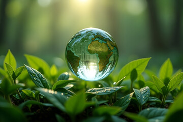 A levitating glass planet Earth with a subtle inner glow, hovering above fresh green leaves with dewdrops. The background is softly blurred, emphasizing the balance between nature and sustainability