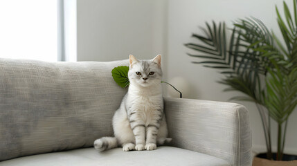 Playful cat relaxing on a couch in a modern living room indoor environment cozy ambiance